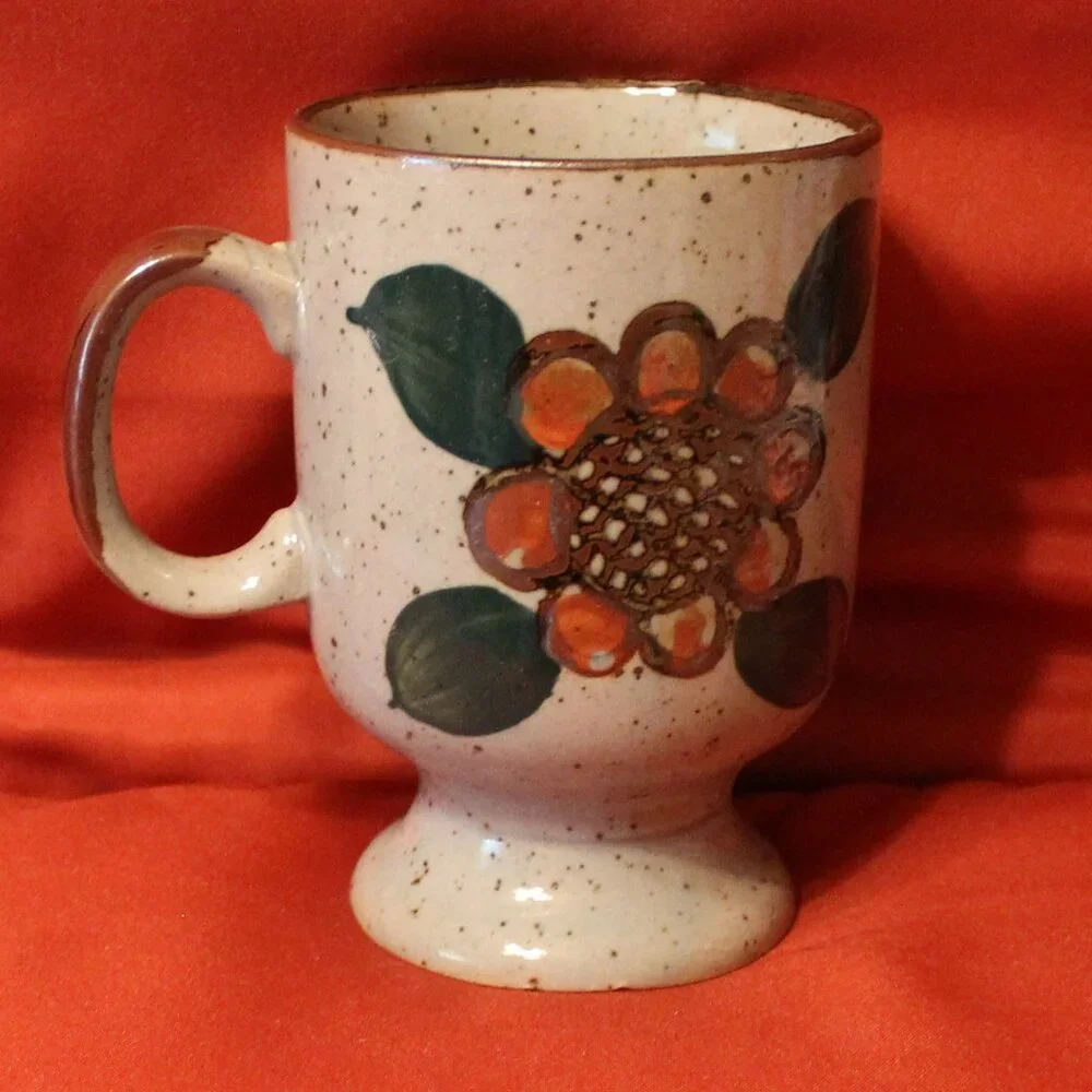 Vintage Hand Painted Fred Roberts Co. Ceramic Mug Orange, Blue & Brown Set 4
